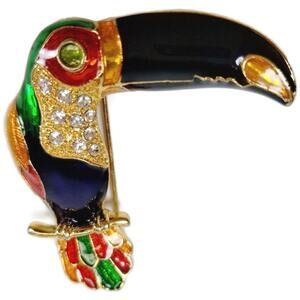 Toucan Figural Brooch Pin Rhinestones Enamel Gold Tone Multi Color Bird 2.25 in